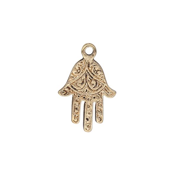 Drop, antique gold-finished "pewter" (zinc-based alloy), 18x14mm single-sided Fatima hand. Sold per pkg of 10. image number 0