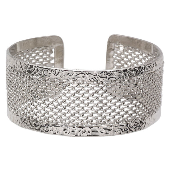 Bracelet, cuff, rhodium-finished steel, 30mm wide with cutout mesh design, adjustable from 7-1/2 to 8 inches. Sold individually. image number 0