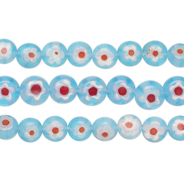 Bead mix, millefiori glass, translucent light blue/ orange / multicolored, 6-7mm puffed flat round with flower design. Sold per pkg of (3) 14-inch strands, approximately 200 beads. image number 0