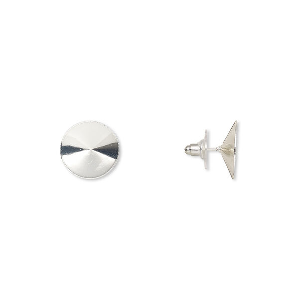 Earstud, Almost Instant Jewelry®, plastic with silver-finished brass and steel, 16.5mm round with 16mm rivoli setting. Sold per pkg of 5 pairs. image number 0