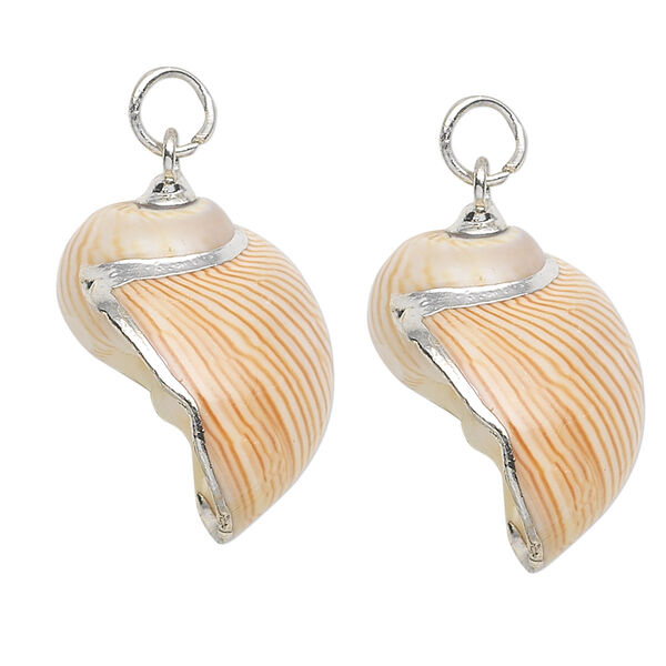 Drop, moon snail shell (natural) and silver-plated steel, white and tan, 27x24mm. Sold per pkg of 2. image number 0