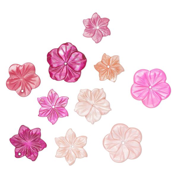 Focal and component mix, mother-of-pearl shell (dyed), multi-pink, 15-25mm hand-carved flower, Mohs hardness 3-1/2. Sold per pkg of 10. image number 0