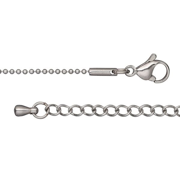 Chain, stainless steel, 1.2mm ball, 18 inches with 2-inch extender chain and lobster claw clasp. Sold individually. image number 0