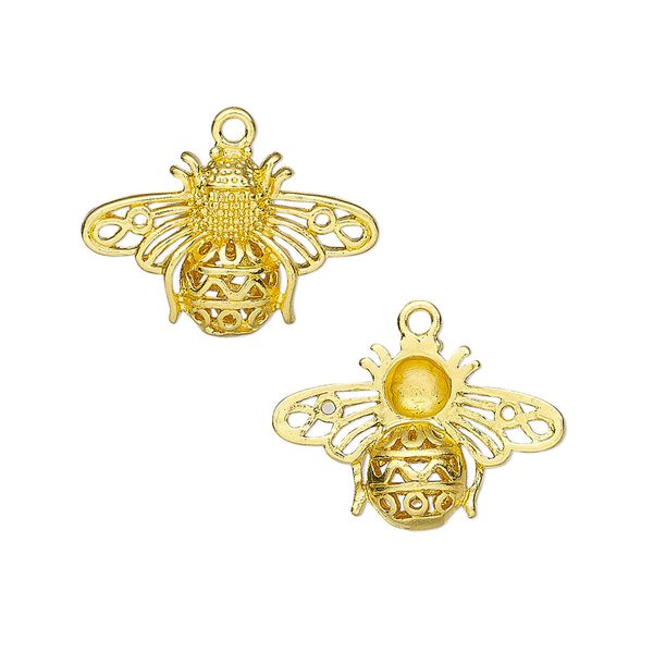 Charm, gold-finished brass, 21x14mm single-sided bee. Sold individually. image number 0