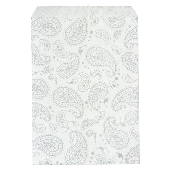 Bag, paper, white and silver, 7x5 inch rectangle with paisley-print and scalloped top edge. Sold per pkg of 100. image number 0