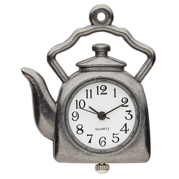 Watch face, stainless steel and gunmetal-plated "pewter" (zinc-based alloy), white and black, 34mm single-sided tea kettle. Sold individually. image number 0