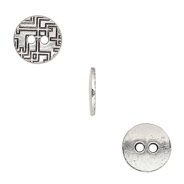 Button, antiqued silver-finished "pewter" (zinc-based alloy), 12mm single-sided flat round with geometric design. Sold per pkg of 50. image number 0