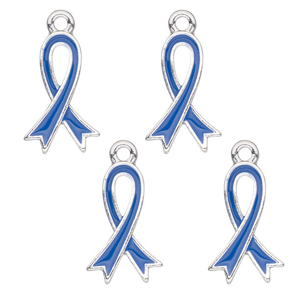 Charm, antique silver-finished enamel "pewter" (zinc-based alloy), blue, 18x12mm single-sided awareness ribbon. Sold per pkg of 4. image number 0