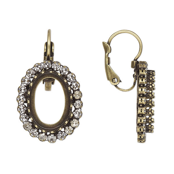 Ear wire, JBB Findings and crystals, antique brass-plated brass, crystal clear, 28.5mm leverback with open back and 14x10mm oval bezel setting. Sold per pair. image number 0