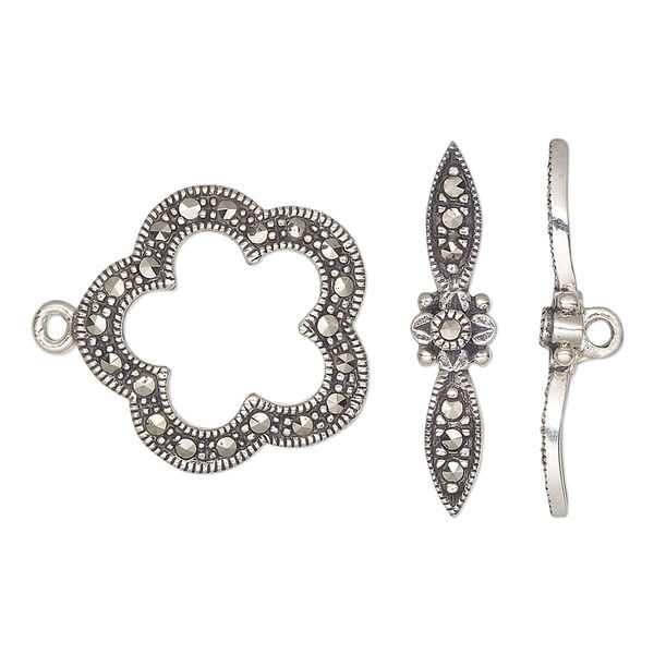 Clasp, toggle, marcasite (natural) and antiqued sterling silver, 20x19mm single-sided fancy flower. Sold individually. image number 0
