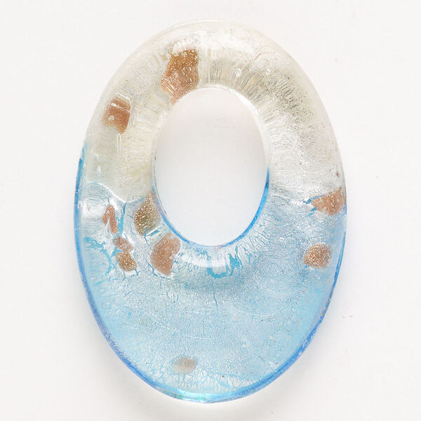 Focal, lampworked glass, pkg/1, opaque clear and blue with silver-colored foil and copper-colored glitter, 48x34mm-50x35mm oval go-go. image number 0