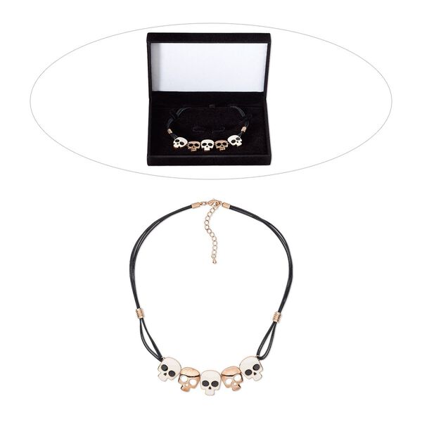 Necklace, enamel / organza ribbon / waxed cotton cord / rose gold-finished brass / steel / "pewter" (zinc-based alloy), black and white, 16 inches with 2-inch extender chain and lobster claw clasp. Sold individually. image number 0