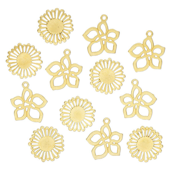 Component and charm, gold-finished "pewter" (zinc-based alloy), 20x20mm matte flower and daisy with cutout design. Sold per pkg of 12. image number 0