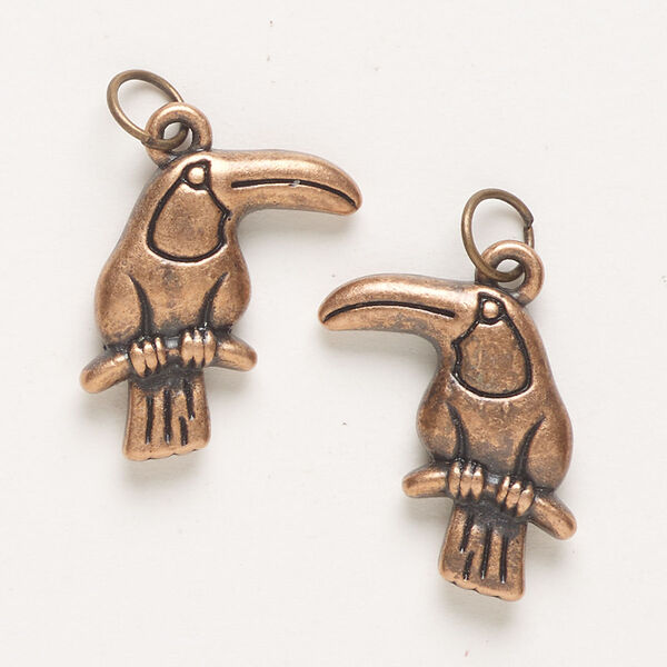 Charm, steel, pkg/2, antique copper finish, 23x21mm toucan. image number 0