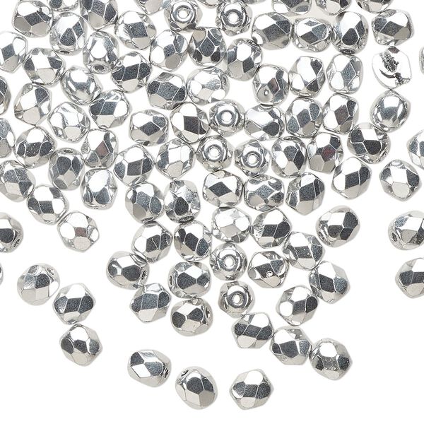 Bead 1pkg1 Czech fire-polished glass, 4mm faceted round, 1 mass opaque metallic silver image number 0