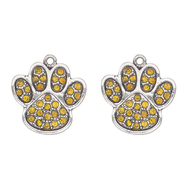Charm, antique silver-finished "pewter" (zinc-based alloy) and glass, golden yellow, 24x23mm single-sided paw print. Sold per pkg of 2. image number 0