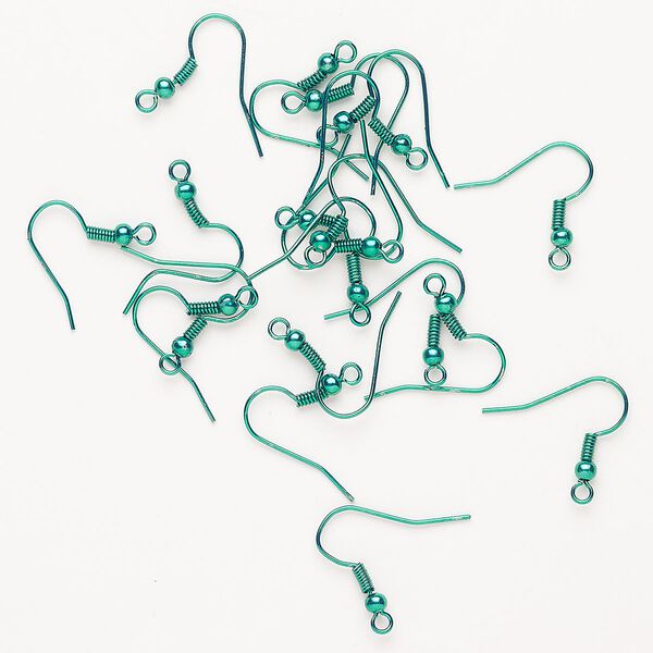 Ear wire fishhook 1pkg20, 18mm / 3mm ball / 3.5mm coil / open loop, 22 gauge anodized steel green 10 pair image number 0