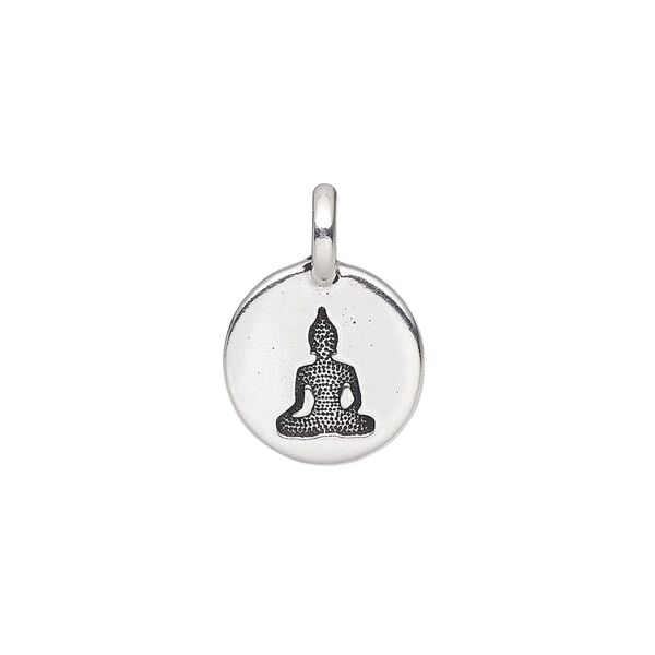 Drop, TierraCast®, antique silver-plated pewter (tin-based alloy), 11.5mm single-sided round with Buddha. Sold per pkg of 20. image number 0