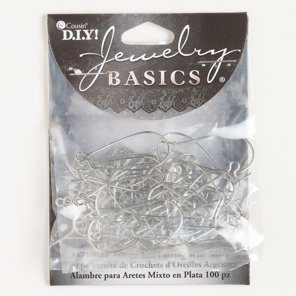 Ear wire assortment 1pkg100, 16mm fishhook / 33mm kidney / open loop, 21 / 22 gauge silver-finished steel 50 pair image number 0