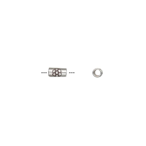 Bead, Hill Tribes, antiqued sterling silver, 5x3mm round tube with flower design. Sold per pkg of 8. image number 0