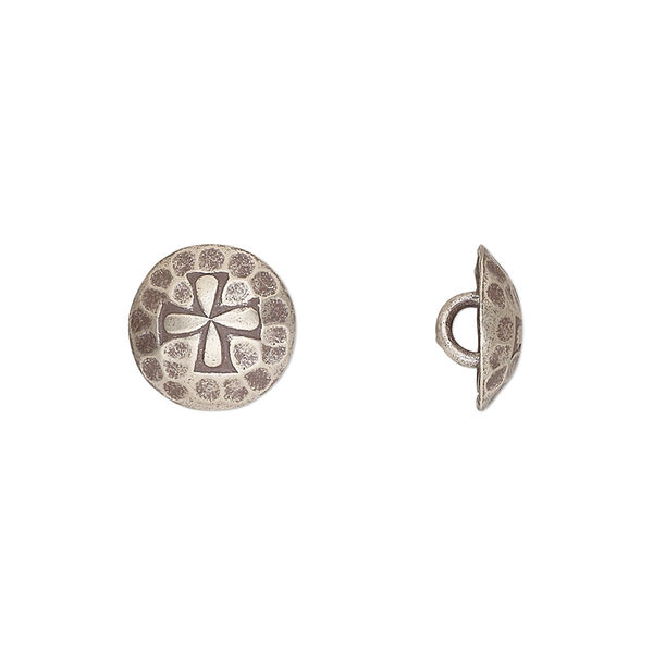 Button, Hill Tribes, antiqued sterling silver, 11mm round with cross design and loop. Sold individually. image number 0