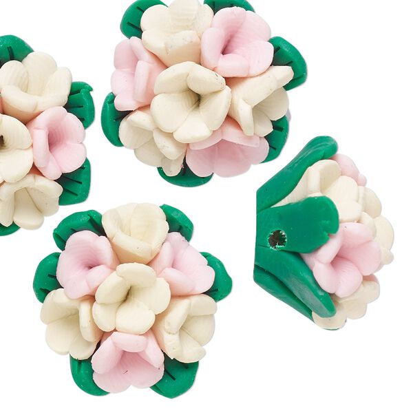 Bead, polymer clay, pink / ivory / green, 21x20x12mm flower. Sold per pkg of 4. image number 0