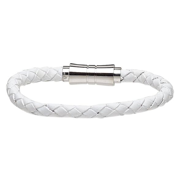 Bracelet, Everyday Jewelry, leather (dyed) and stainless steel, white, 6mm bolo cord, 6-1/2 inches with magnetic clasp. Sold individually. image number 0
