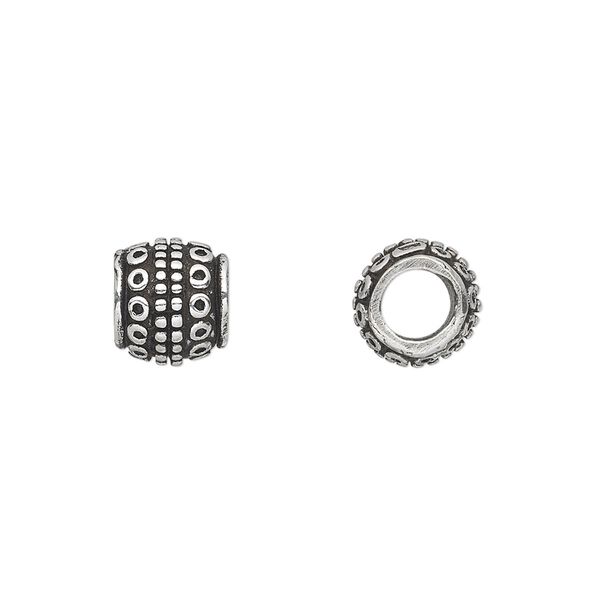 Bead, antique silver-plated white brass, 9x8mm beaded barrel with dots and circles, 5mm hole. Sold per pkg of 4. image number 0