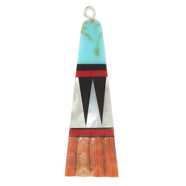 Focal, resin / sea scallop shell / mother-of-pearl shell / silver-finished copper, multicolored, 40x13mm single-sided flat trapezoid. Sold individually. image number 0