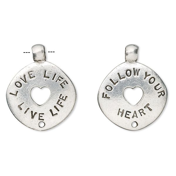 Charm, antiqued pewter (tin-based alloy), 22x18mm two-sided round donut with "Love Life Live Life" and "Follow Your Heart." Sold per pkg of 4. image number 0