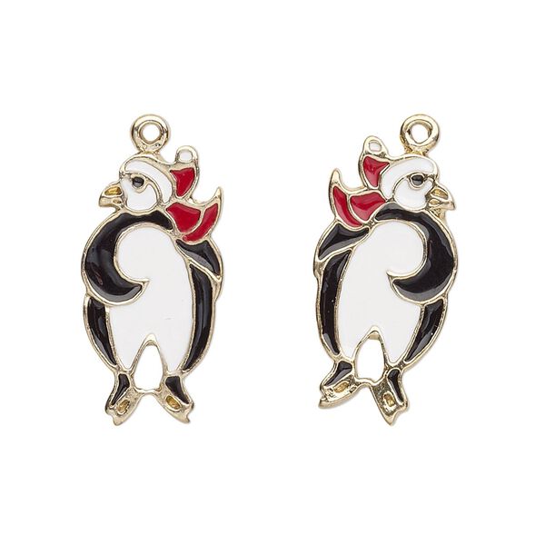 Charm, enamel and gold-finished "pewter" (zinc-based alloy), white / black / red, 23x12mm left- and right-facing single-sided skating penguin. Sold per pkg of 2. image number 0