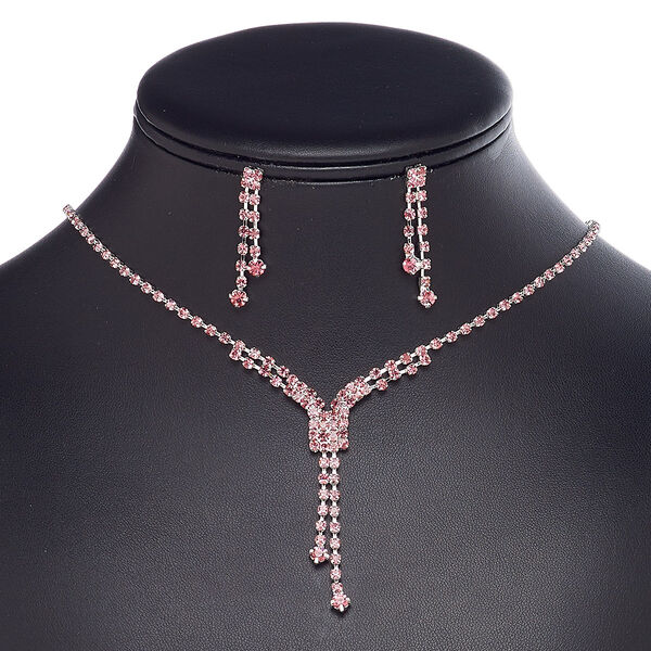 Necklace and earring set, glass rhinestone / plastic / imitation rhodium-plated brass / steel, pink, cupchain and rectangle, 15" to 16" necklace with 3-inch extender chain and lobster claw clasp, 34mm earrings with post. Sold per set. image number 0