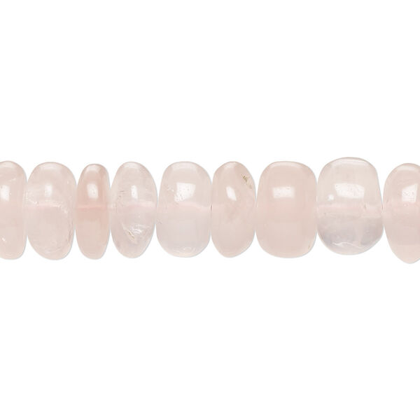 Bead, rose quartz (natural), 10x4mm-11x7mm hand-cut rondelle with 0.4-1.4mm hole, B grade, Mohs hardness 7. Sold per 8-inch strand, approximately 35 beads. image number 0