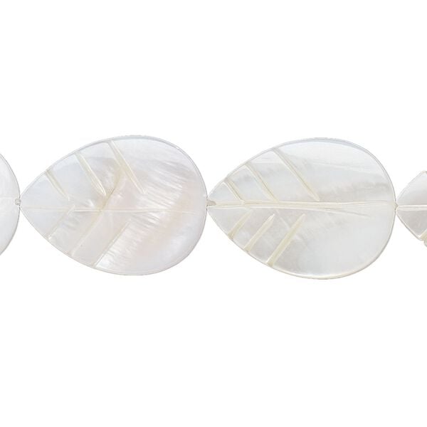 Bead, mother-of-pearl shell (bleached), white, 20x15mm carved leaf, Mohs hardness 3-1/2. Sold per 16-inch strand. image number 0