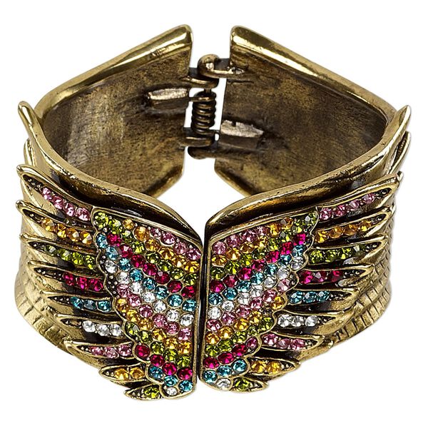 Bracelet, hinged bangle, antique gold-finished "pewter" (zinc-based alloy) and glass rhinestone, multicolored, 45mm wide with double wing design, 6-1/2 inches. Sold individually. image number 0