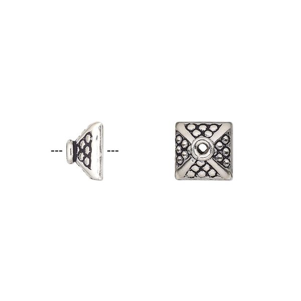Bead cap, antiqued sterling silver, 9x5mm beaded square, fits 7-8mm bead. Sold per pkg of 2. image number 0