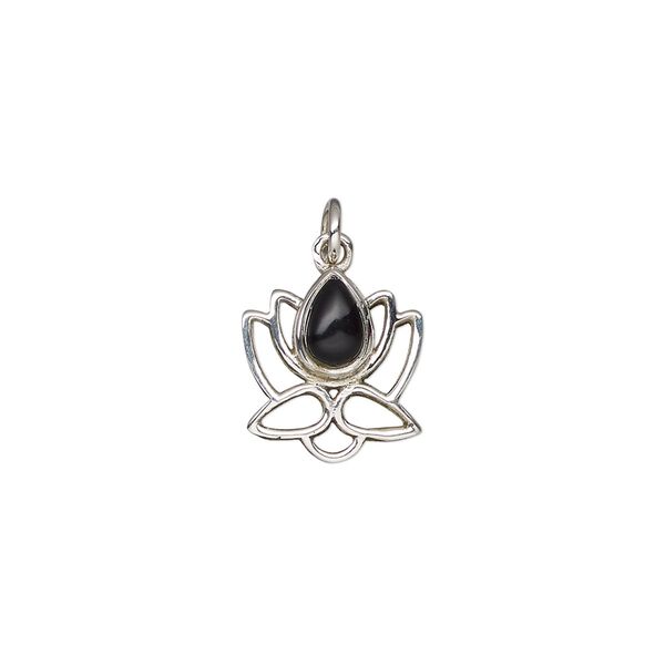 Black onyx / sterling silver 1pkg1, antiqued open lotus drop 12x12mm image number 0