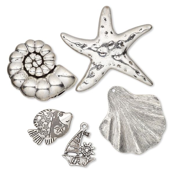 Focal / bead / charm, antique silver-plated "pewter" (zinc-based alloy), 24x22mm-59x55mm single- and double-sided assorted sea life. Sold per pkg of 5. image number 0