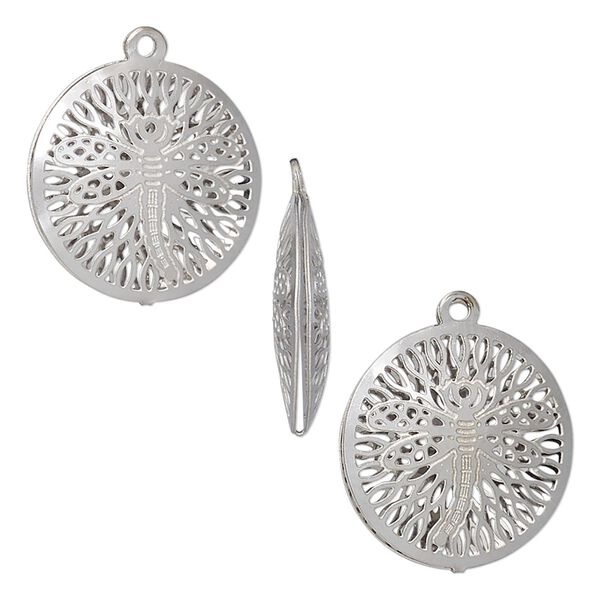 Drop, stainless steel, 18mm double-sided domed round with textured cut-out dragonfly design. Sold per pkg of 6. image number 0