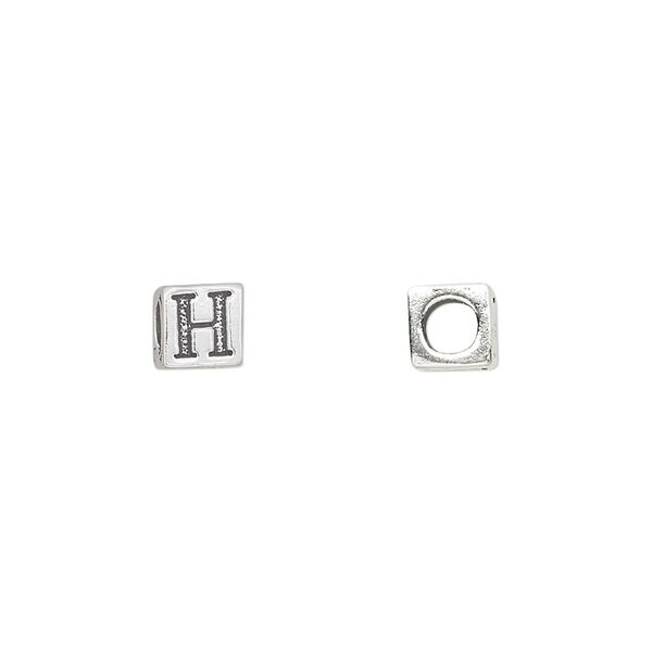 Bead, sterling silver, 5.5mm cube with alphabet letter "H." Sold individually. image number 0