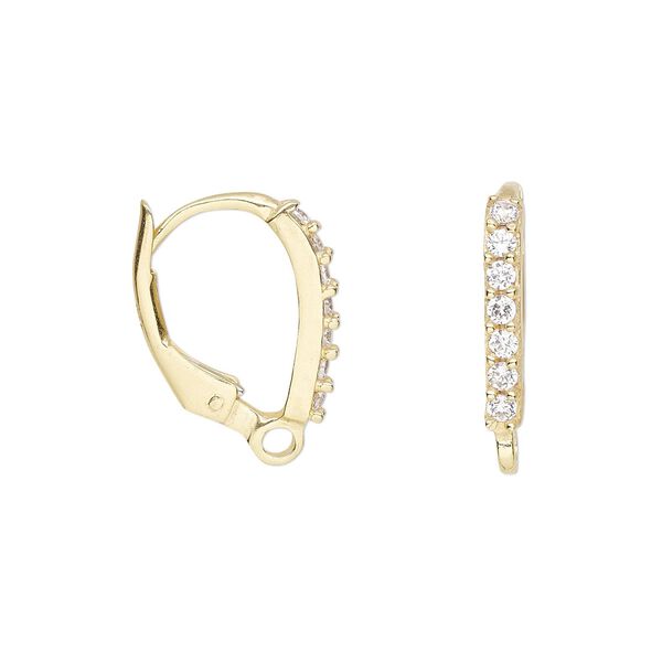 Ear wire leverback 1pkg2 sterling silver / cubic zirconia, 16mm / closed loop, "vermeil" clear 1 pair image number 0