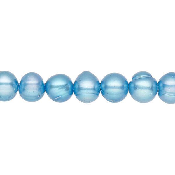 Pearl, cultured freshwater (dyed), teal, 7-8mm semi-round, C grade, Mohs hardness 2-1/2 to 4. Sold per 15-1/2" to 16" strand. image number 0