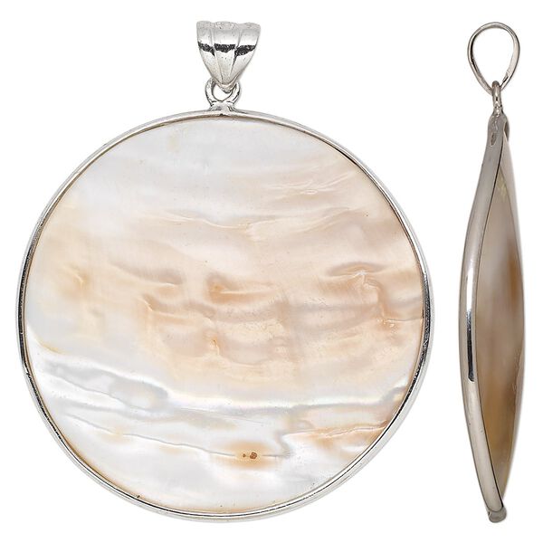Pendant, blister pearl shell (natural) and sterling silver, 38-40mm round. Sold individually. image number 0