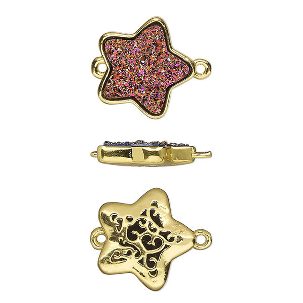 Link, Druzylite™, "druzy" (resin) and gold-finished brass, metallic purple, 15x14mm two-sided star with open filigree back. Sold per pkg of 4. image number 0
