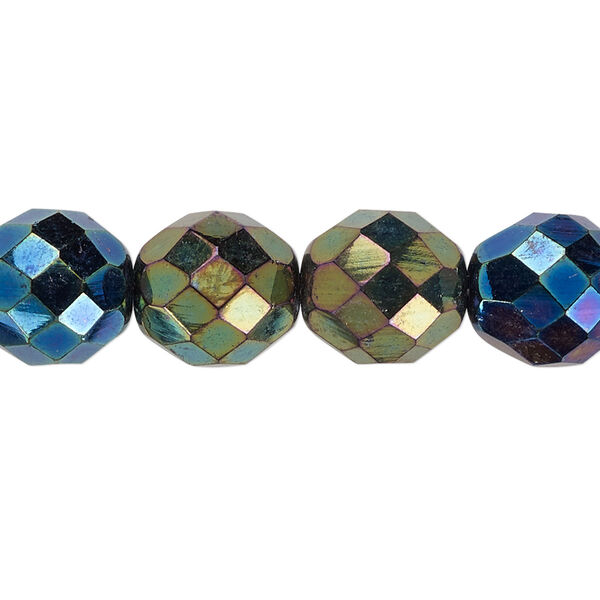 Bead, Czech fire-polished glass, pkg/15-1/2 to 16 inches, 12mm faceted round, opaque iris green, (23980-21455). image number 0