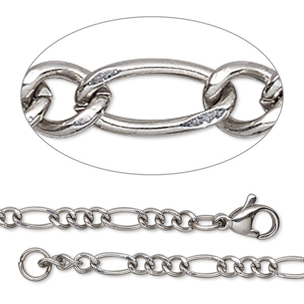 Chain, stainless steel, 3.5mm figaro, 20 inches with lobster claw clasp. Sold individually. image number 0