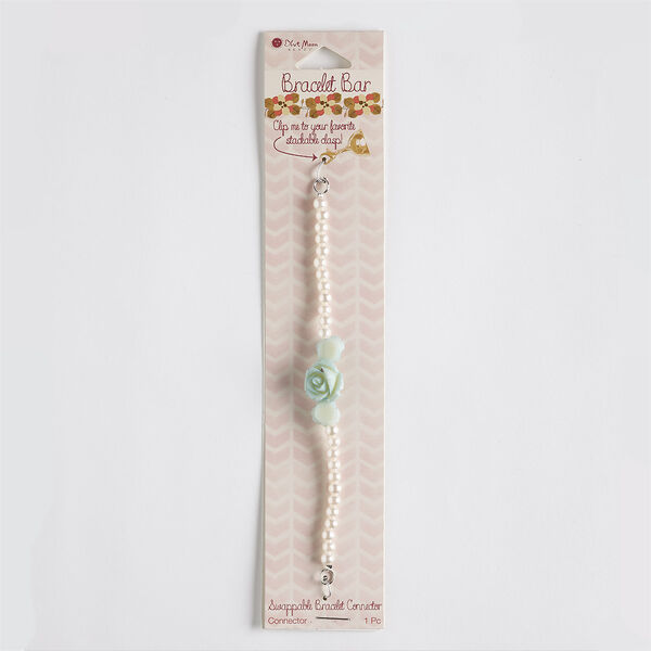 Bracelet component, acrylic / acrylic pearl / silver-finished steel, white and teal, 5mm round / 10.5mm rose / 17mm rose, 5-1/2 inches. Sold individually. image number 0