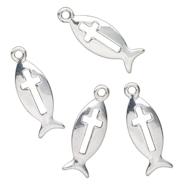 Drop, antique silver-finished "pewter" (zinc-based alloy), 22x19mm Christian fish with cutout cross. Sold per pkg of 4. image number 0
