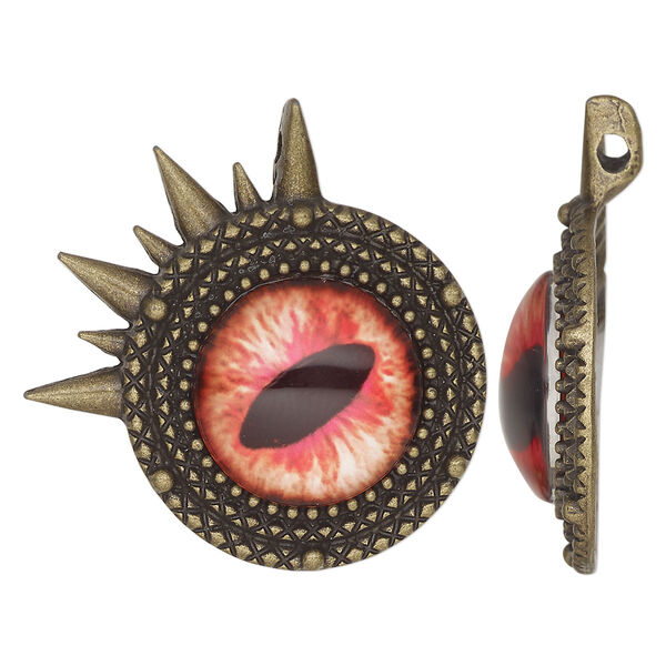 Focal, antique brass-finished "pewter" (zinc-based alloy) and glass, red / yellow / black, 40mm single-sided round dragon eye. Sold individually. image number 0