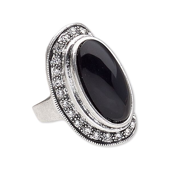 Ring, glass rhinestone / resin / antique silver-plated "pewter" (zinc-based alloy), black and clear, 33x20mm oval, size 8. Sold individually. image number 0